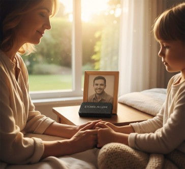 A mother and child holding hands by a bedside, featuring a personalized memorial stone and a framed photo as a tribute to a loved one