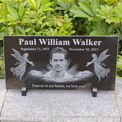 Flat Portrait Black Granite Headstone, Angel Grave Markers for Cemetery, Personalized Memorial Plaque for Loved Ones, Ceramic Picture