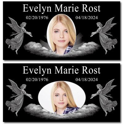 Flat Portrait Black Granite Headstone, Angel Grave Markers for Cemetery, Personalized Memorial Plaque for Loved Ones, Ceramic Picture